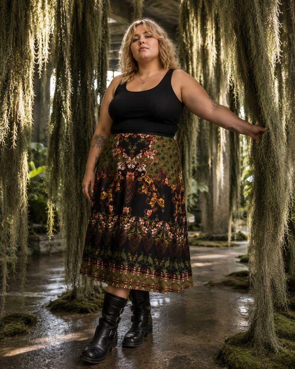 Cato Olive Black Paisley Print A-Line Midi Skirt Large